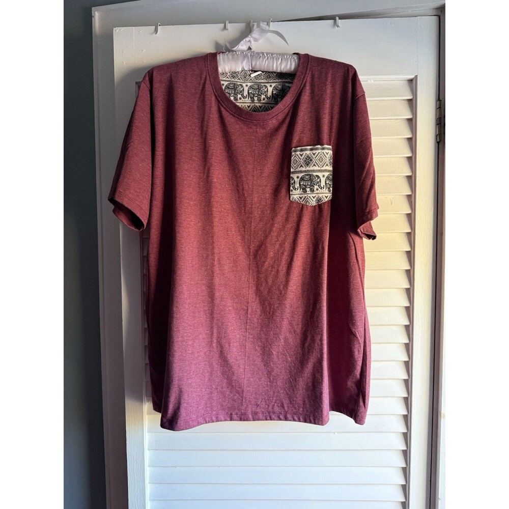 Unisex 2XL Burgundy Cotton Tshirt Elephant Pocket Crewneck Indie Festival Hippie